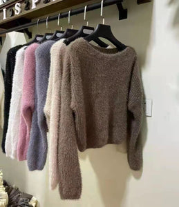 Short Mink Wool Round Neck Pullover Blouse