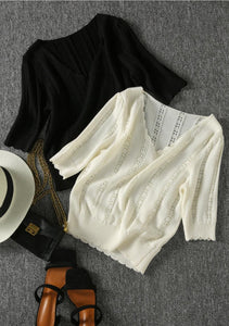 French V-neck Hollow Short-sleeved Knitted Sweater