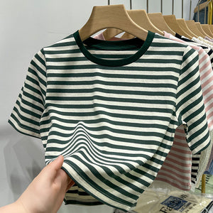 Striped short-sleeved t-shirt loose slimming cotton top