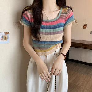 Rainbow Stripe Short Sleeve T-Shirt Knitwear Short Slim Top