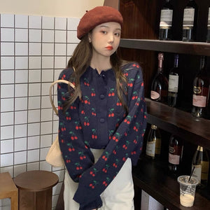 Japanese Style Cherry Jacquard Sweater Jacket