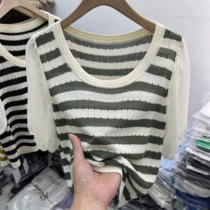 Stitching Puff Sleeves Hollow Striped Short-sleeved Shirt