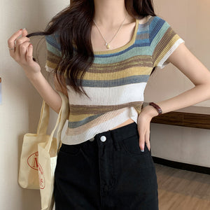 Rainbow Stripe Short Sleeve T-Shirt Knitwear Short Slim Top