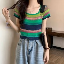 Load image into Gallery viewer, Rainbow Stripe Short Sleeve T-Shirt Knitwear Short Slim Top
