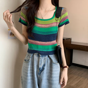 Rainbow Stripe Short Sleeve T-Shirt Knitwear Short Slim Top