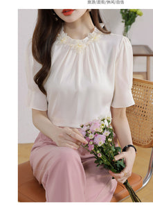 Short-sleeved chiffon shirt temperament thin top stand collar western style small shirt