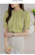 Load image into Gallery viewer, Short-sleeved chiffon shirt temperament thin top stand collar western style small shirt
