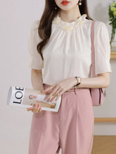 Load image into Gallery viewer, Short-sleeved chiffon shirt temperament thin top stand collar western style small shirt
