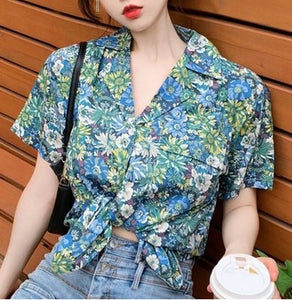 Summer Floral Short-sleeved Chiffon Collar Loose Shirt