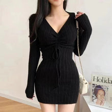 Load image into Gallery viewer, Autumn simple niche design sense drawstring V-neck long-sleeved knitted dress
