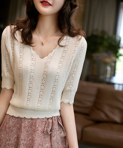 French V-neck Hollow Short-sleeved Knitted Sweater