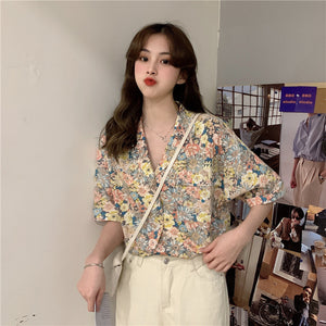 Summer Floral Short-sleeved Chiffon Collar Loose Shirt