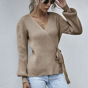 V-neck Pleated Long-sleeved Trendy Sweater Shirt