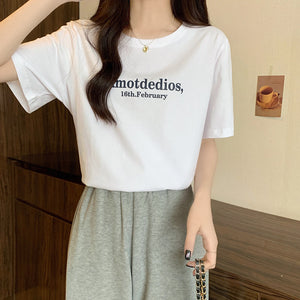 Cotton t-shirt summer letter printing short-sleeved loose slimming top
