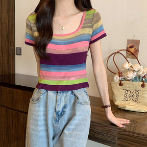 Rainbow Stripe Short Sleeve T-Shirt Knitwear Short Slim Top