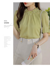 Load image into Gallery viewer, Short-sleeved chiffon shirt temperament thin top stand collar western style small shirt
