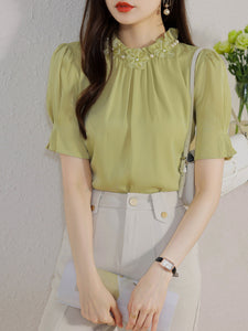 Short-sleeved chiffon shirt temperament thin top stand collar western style small shirt