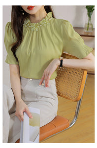 Short-sleeved chiffon shirt temperament thin top stand collar western style small shirt