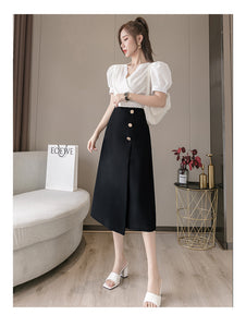 High waist retro mid-length solid color temperament commuter professional skirt