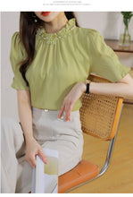 Load image into Gallery viewer, Short-sleeved chiffon shirt temperament thin top stand collar western style small shirt
