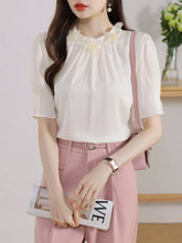 Load image into Gallery viewer, Short-sleeved chiffon shirt temperament thin top stand collar western style small shirt
