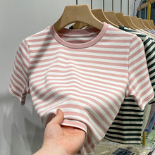 Load image into Gallery viewer, Striped short-sleeved t-shirt loose slimming cotton top
