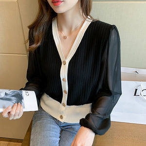 Foreign Style Chiffon Puff Sleeve V-neck Sweater