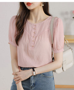 Korean version loose and thin temperament casual Japanese small round neck slim shirt women