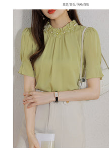 Short-sleeved chiffon shirt temperament thin top stand collar western style small shirt