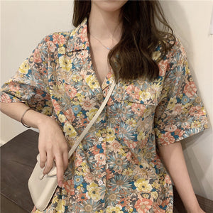 Summer Floral Short-sleeved Chiffon Collar Loose Shirt