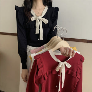 New Bow Tie Short Knitted Long-sleeved Cardigan
