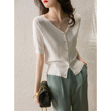 Load image into Gallery viewer, V-neck Ice Silk Knitted Sweater Short-sleeved Top Shirt
