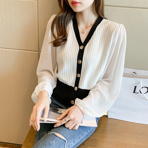 Foreign Style Chiffon Puff Sleeve V-neck Sweater