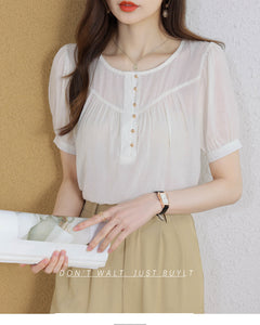 Korean version loose and thin temperament casual Japanese small round neck slim shirt women