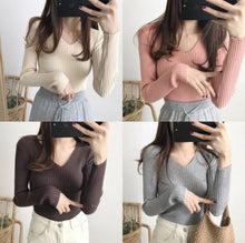 Load image into Gallery viewer, V-neck Long-sleeved Slim Fitting Pullover Sweater
