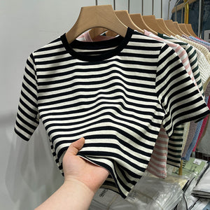 Striped short-sleeved t-shirt loose slimming cotton top