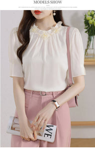 Short-sleeved chiffon shirt temperament thin top stand collar western style small shirt