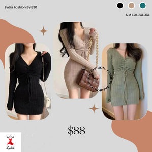 Autumn simple niche design sense drawstring V-neck long-sleeved knitted dress
